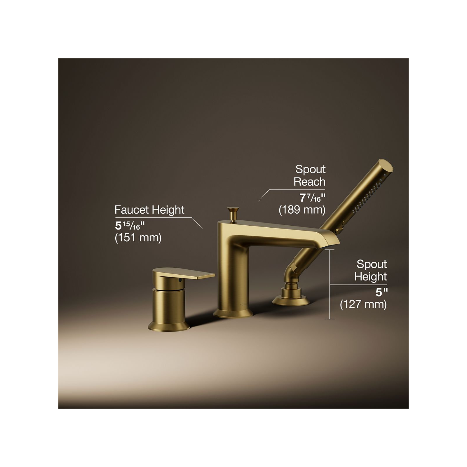 Hint Single-Handle Deck-Mount Bath Faucet With Handshower, Vibrant Brushed Moderne Brass