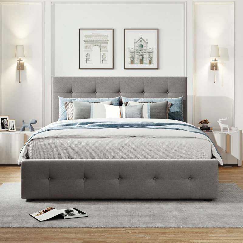Upholstered Platform Bed, Light Gray