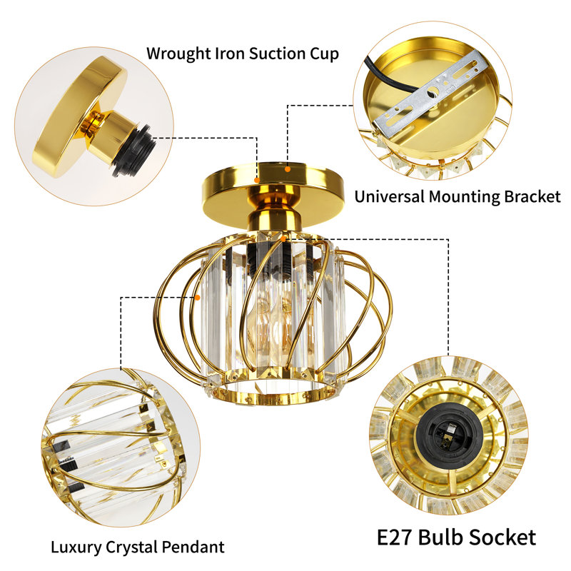 1-Light Mini 7.5" Crystal Flush Ceiling Light Gold Iron Frame, Gold