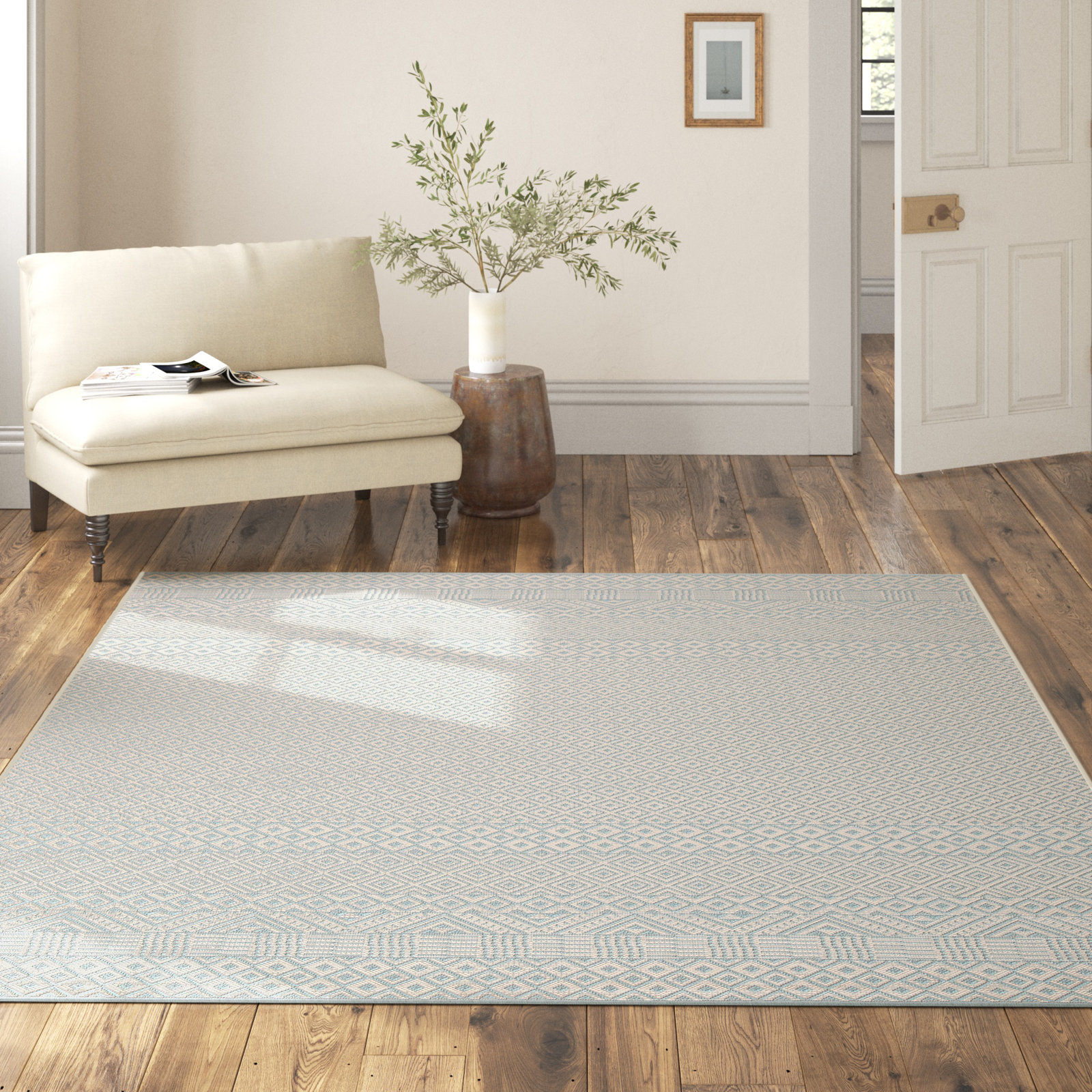 Lenwood Beige Aqua Geometric Outdoor Rug, Rectangle 5'3" x 7'7"