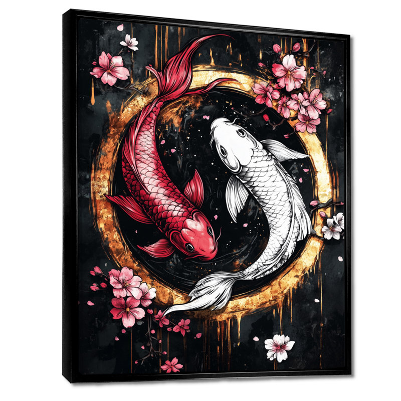 Art mural Sakura Yin et Yang Koi Pond IV - Kois Fish, Toile avec cadre flottant noir, H 40 po x l 30 po x P 1,5 po
