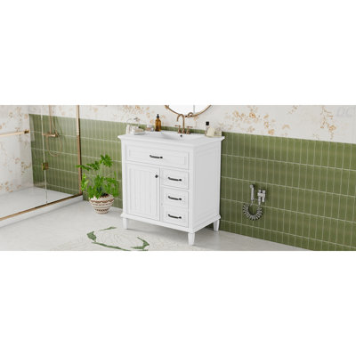 30 Inch Bathroom Vanity With Ceramic Sink Top, Solid Wood Frame, MDF & Pine Cabinet, Flip Drawers, Adjustable Shelf, And Zinc Alloy Handles, Freestanding Storage Cabinet (Faucet Not Included)