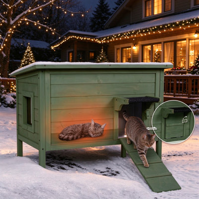 Large Outdoor Cat House  For 2-3 Cats With Partitions, Fold-up Stair, Acrylic Window