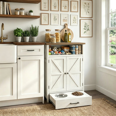 Dog‑Feeding Station with Storage Cabinet, Pet Feeder Cabinet with 3 Side Hooks, 2 Raised Elevated Dog Bowls & Hidden Pull‑Out Drawer，Brown+White