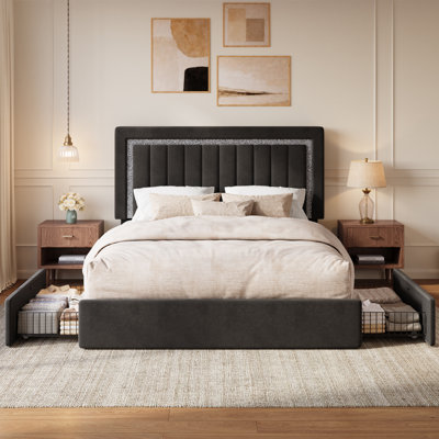 Modern Velvet Upholstered Platform Bed with Adjustable LED Light Headboard, Under Bed Storage Drawers, Queen Size, No Box Spring Needed