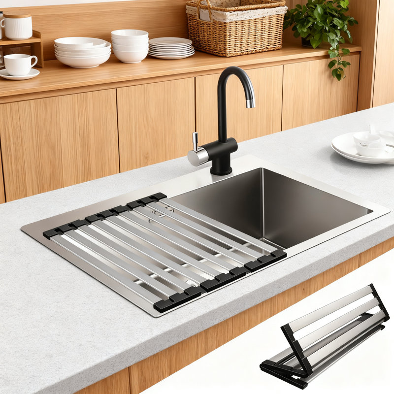 Égouttoir à vaisselle sur roulettes Roll-Up, égouttoir pliable en acier inoxydable 304 et sous-tapis pour comptoirs de cuisine et éviers