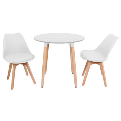 Todmorden 2 Person Dining set - a Round Plastic Dining Table with Wooden Legs and a Set of 2 Faux Leather Cushion Padded Dining Chairs for Dining Room - Modern Dining Table Set