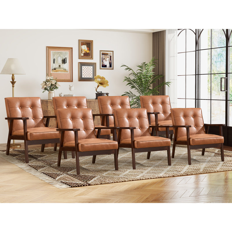 Chesterle 25''Wide Classic Soft Tufted Accent Chair With Solid Wood Arms And Legs, Brown Faux Leather, 7