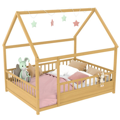 Full Size House Frame Floor Bed Of Natural Pine, High Fence Design For ' Privacy, Structure Bed, Pine Wood Main Material, And Fun, American