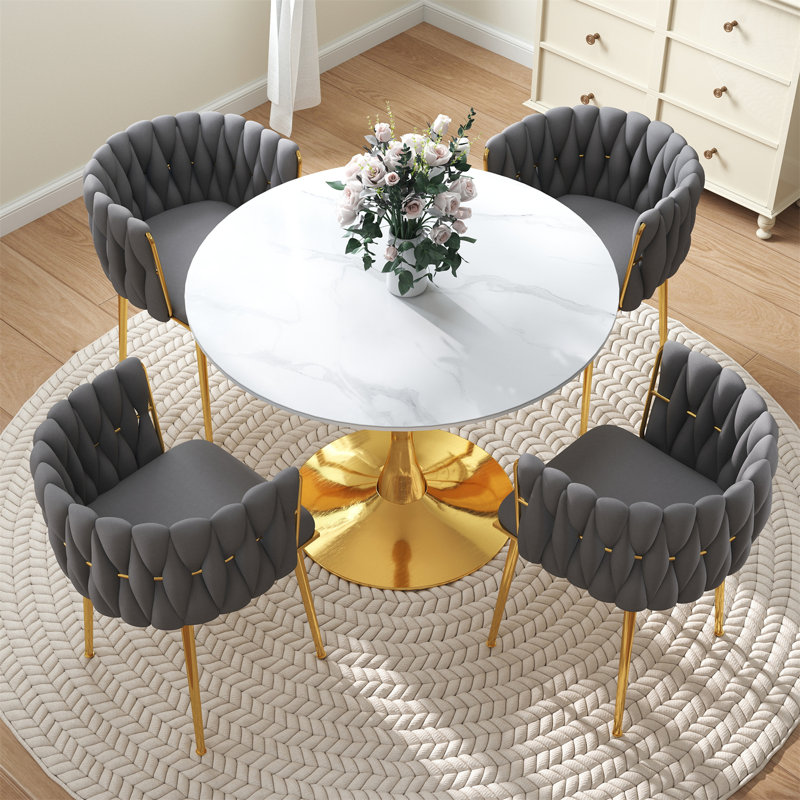Ensemble de salle à manger à piédestal rond avec chaise tissée, Gris