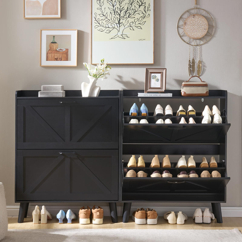 Shoe Cabinet Storage for Entryway with 2 Flip Drawers Rack Narrow Organizer Slim Hidden Wood Shoe Cabinet Furniture, Black