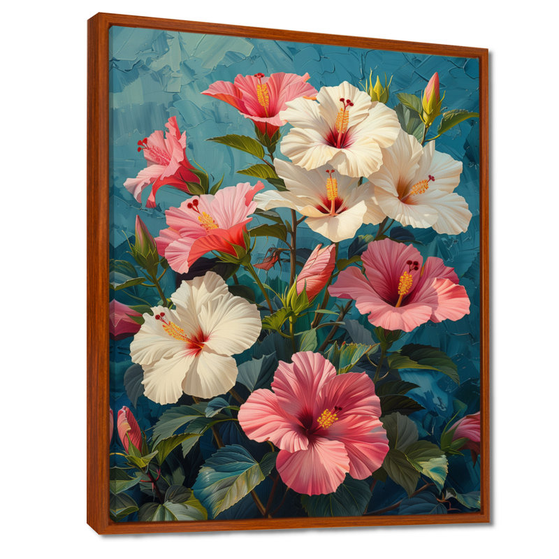 «Vibrant Dance of Pink Blue Hibiscus II - Hibiscus», art mural, Cadre flottant brun, H 12 po x l 20 po