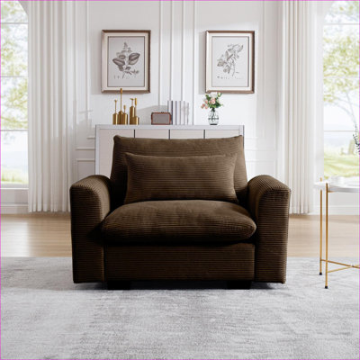 Canapés-lits, fauteuil d'appoint moderne et profond avec coussin à la taille pour le bureau d'un salon | Noyer brun | Velours côtelé
