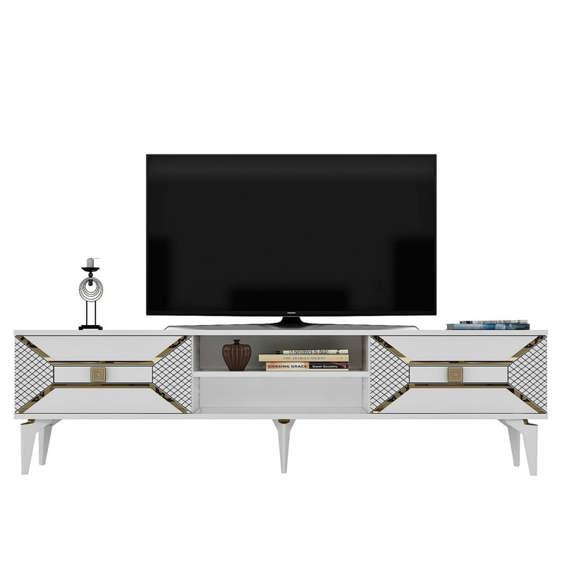 Meuble télé moderne avec détails dorés, 59,1 po x 19,7 po x 11,8 po | 100% panneau de particules enduit de mélamine, épaisseur: 0,7 pouce | Conception géométrique élégante, parfaite pour le salon et les espaces de divertissement