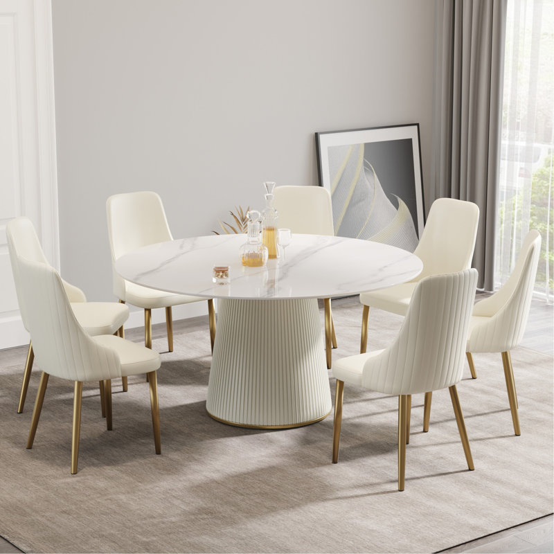 Iconie Round Stone Top Dining Table, White Marble, 29.53" H x 59.05" W x 59.05" D
