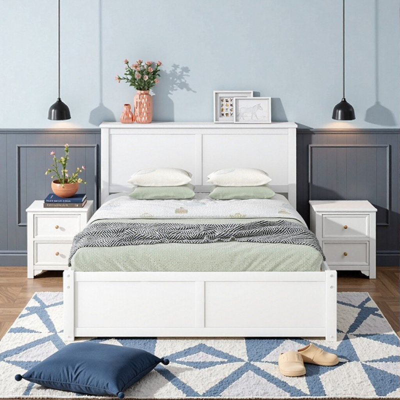 Exclusif Wayfair: lit plateforme avec rangement pleine grandeur blanc avec tablettes coulissantes à 4 niveaux et lit gigogne simple - rangement spacieux, conception peu encombrante