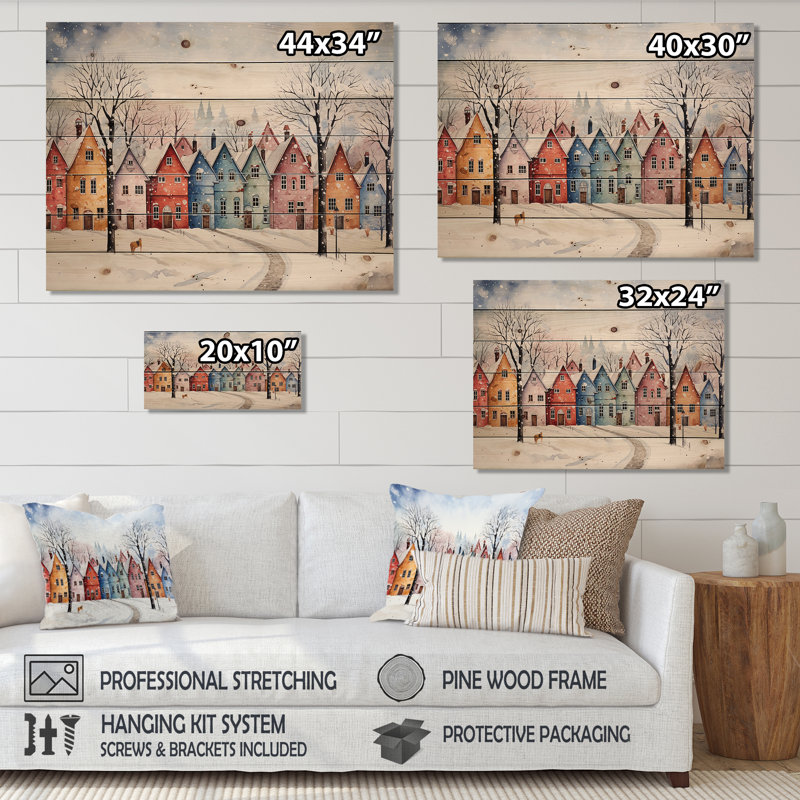 Multicolor Frosty City In Winter II - Paysage d'hiver sur bois, H 34 po x l 44 po x P 0,78 po