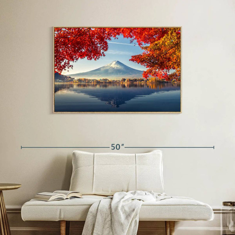 Mont Fuji - automne, Cadre flottant en bois naturel, 40 po x 27 po