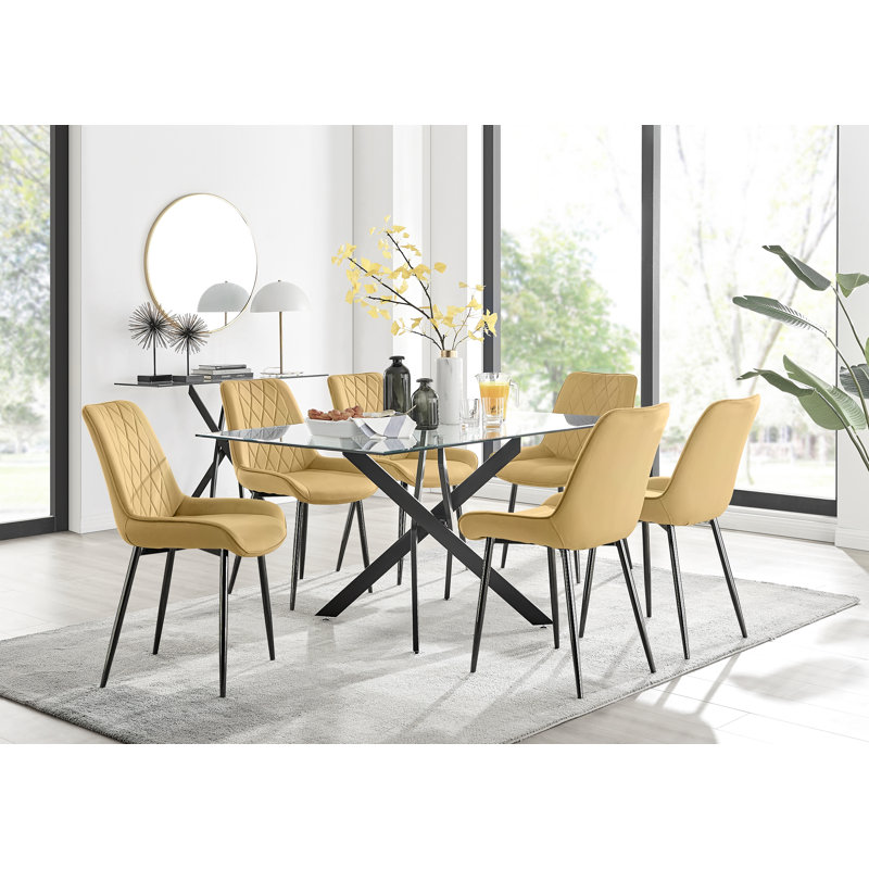 Lenworth Glass Rectangular Dining Table Set with 6 Luxury Velvet Chairs, Mustard/Black, Black