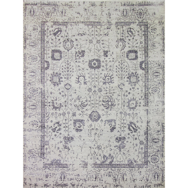 Tapis argent et gris noué à la main de haute qualité, Rectangle 6 pi x 9 pi