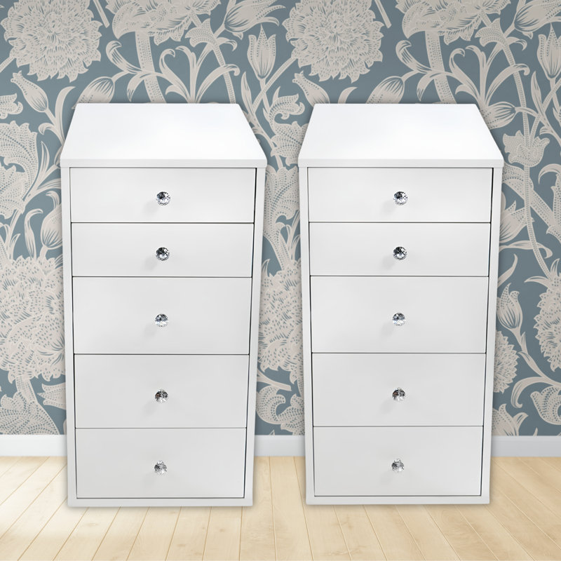 SlayStation 5 Soft Close Drawer Makeup Vanity Storage Unit with Crystal Lux Drawer Knobs, Bright White