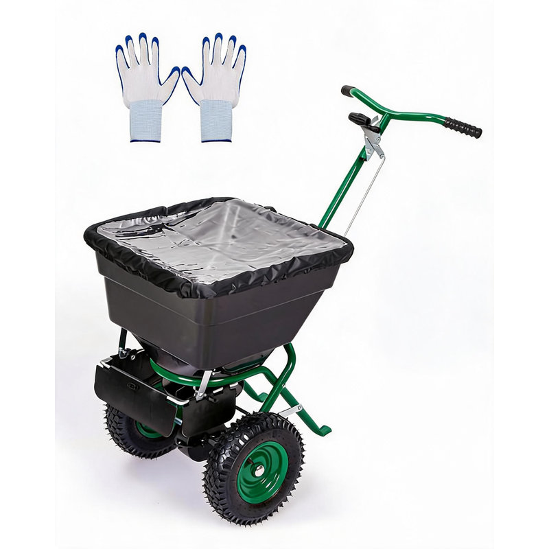 Heavy Duty 100lb Push Broadcast Spreader for Lawn & Garden – 12ft Wide Coverage, Adjustable Drop Rate, 10" All-Terrain Pneumatic Tires, Includes Rain Cover & Gloves – Ideal for Fertilizer, Seed, Salt