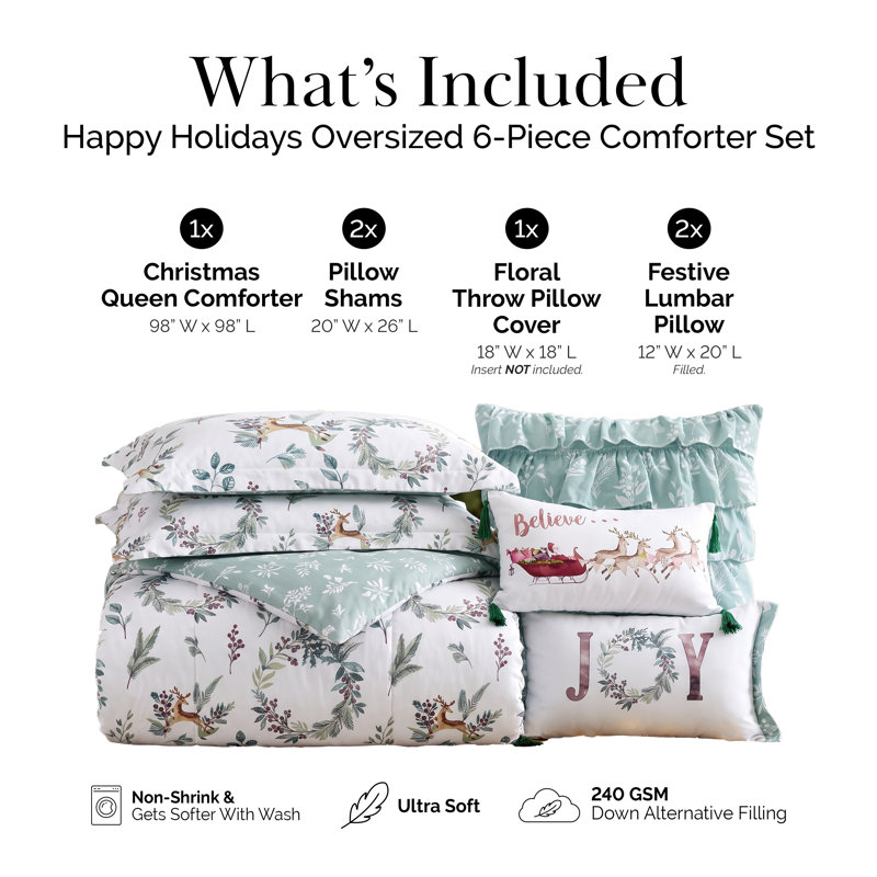 Ensemble de literie réversible Southshore Fine Linens Happy Holidays, 6 pièces, 1 couette, 2 taies d'oreiller, 2 coussins décoratifs et 1 housse de coussin, Grand lit/très grand lit