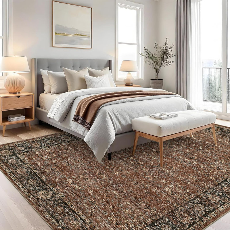 Tapis floral Floral - Lavable, antidérapant, à poils courts, imprimé délavé pour le couloir, la salle de bain, la lessive (beige)