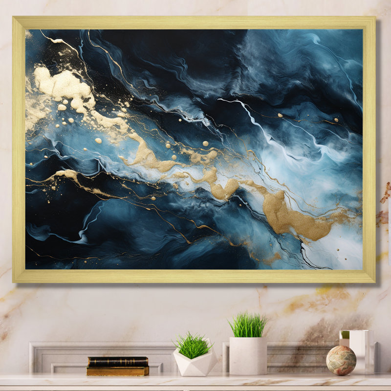Gold And Blue Abstract Marble Mystic Harmony - Marble Wall Decor, Gold Closed Corner Framed, 34" H x 44" W x 1.5" D