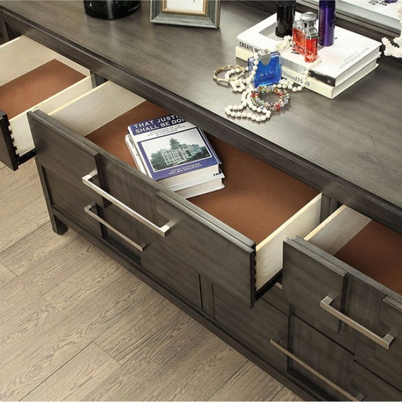 Table de chevet grise 1Pc de style transitionnel, 2 tiroirs, plateau doublé de feutre, poignée en bois massif et barre de nickel pour table de chevet décorative contemporaine