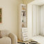 Armoire de rangement étroite 85 po avec 3 tiroirs et 4 tablettes ouvertes, armoire de plancher mince blanche moderne pour petits espaces