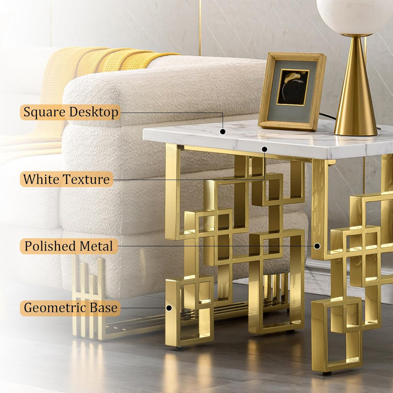 Yendy Solid Wood Top End Table, White Top/Gold Base