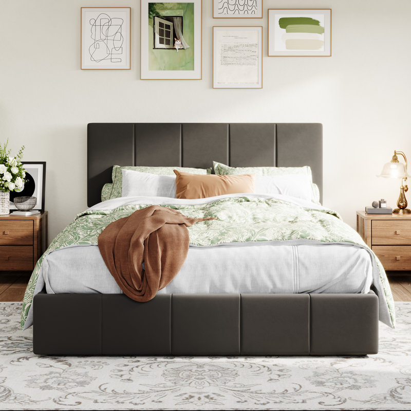 Hydraulic Lift Up Upholstered Platform Bed with Adjustable Headboard, Black, Queen