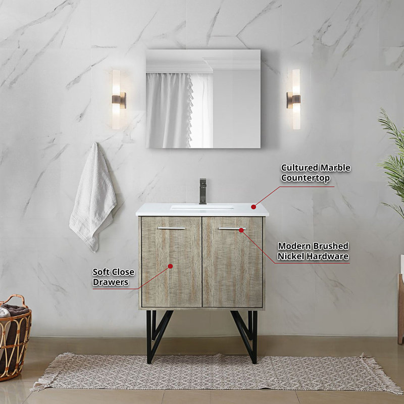 30 po X P 20 po De salle de bain rustique avec plateau en marbre de culture, robinet en métal Miroir, 30", Marbre de culture
