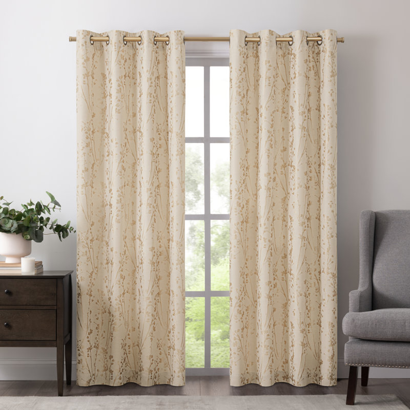 Ivory Floral Linen Room-Darkening Grommet Curtain Panel, 50" x 63"