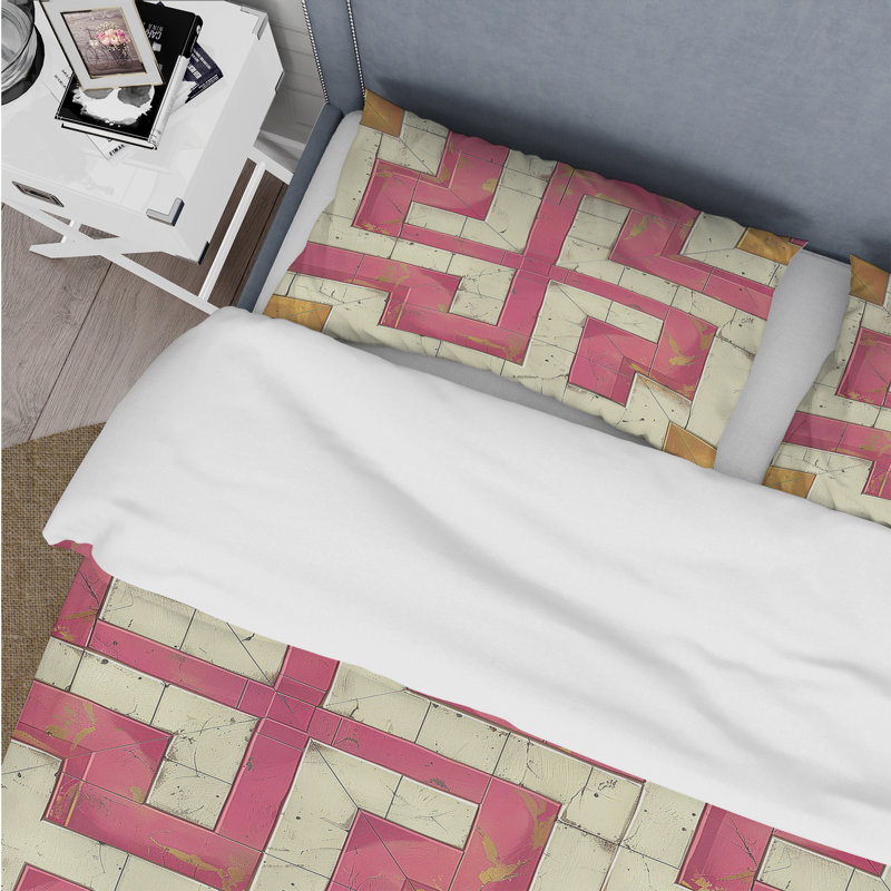 Pink Beige Midcentury Maze II - Midcentury Duvet Cover Set, Queen Duvet Cover + 2 Standard Pillow Shams