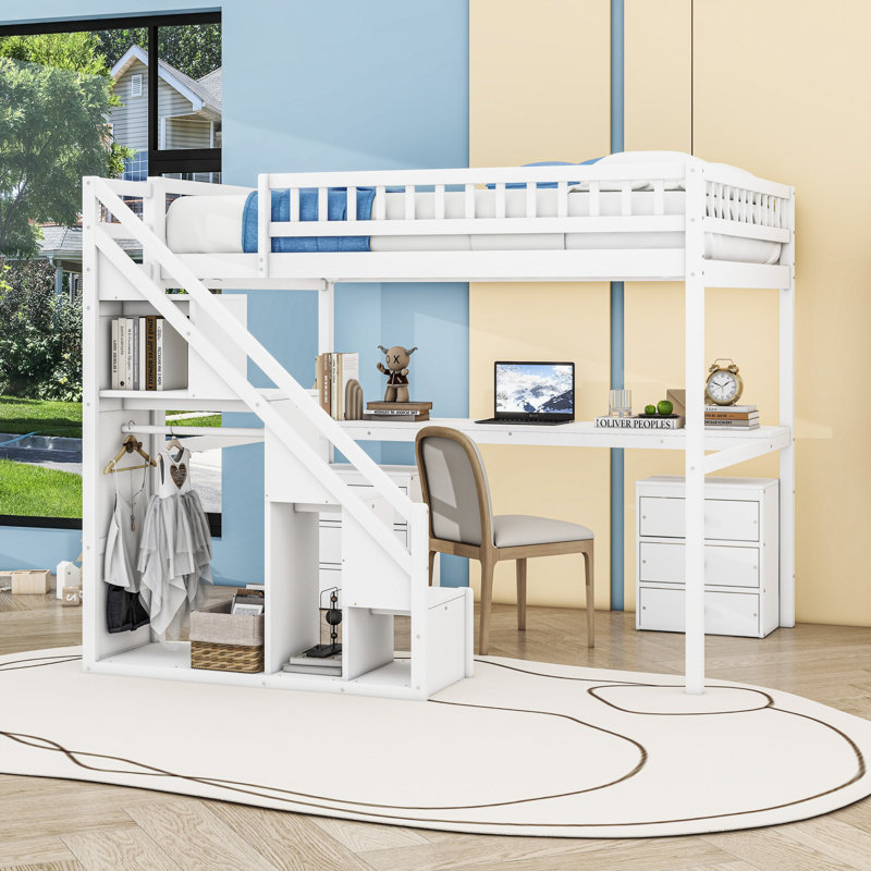 Lit mezzanine avec éclairage DEL, bureau d'étude intégré et escalier, tiroirs, Double, Blanc