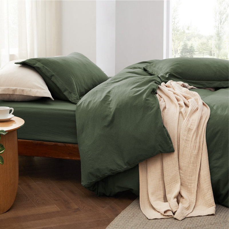 Bedsure Duvet Cover Queen Size with Fitted Sheet - 4 Pieces Prewashed Cotton-Like Extra Soft Bedding Set, Olive Green