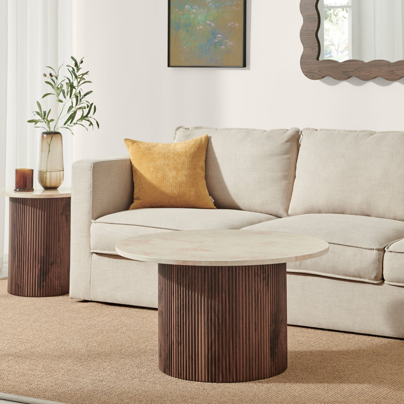 Tamorion Pedestal Coffee Table, Cream Top/Walnut Base