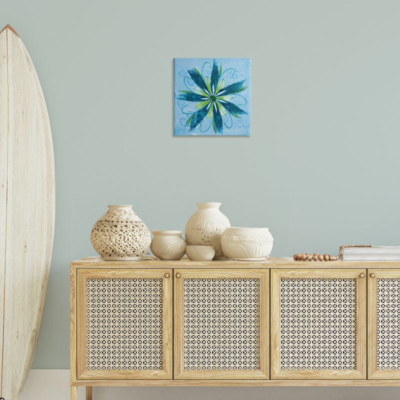 Toile abstraite bleue et verte, design par Liz Jardine, H 17 po x l 17 po