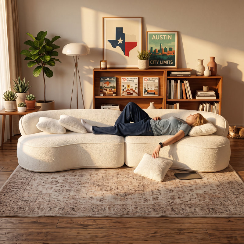 Canapé d'angle moderne incurvé Cloud de 290 cm, canapé 4 places en boucle crème à assise profonde, canapé modulaire sans structure et sans assemblage pour salon, appartement
