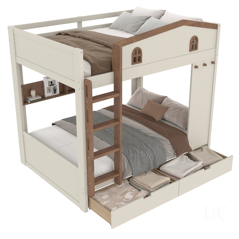 Lit superposé double au-dessus de double avec tiroirs et tablettes de rangement, lits superposés en bois massif avec crochets, aucun sommier nécessaire