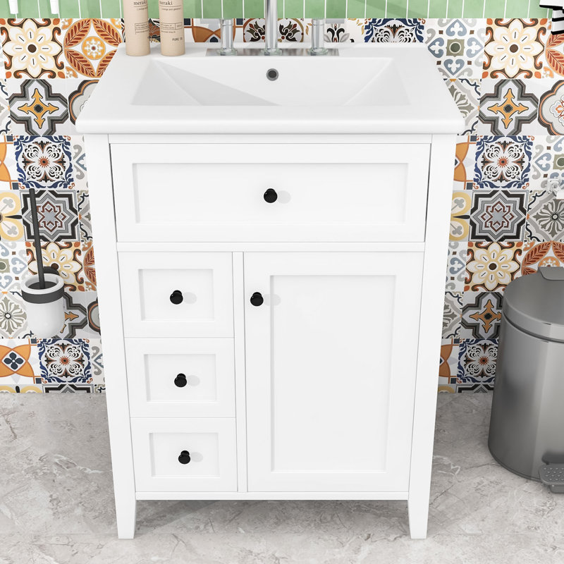 24-Inch Bathroom Vanity with Ceramic Sink, Adjustable Shelves and 4 Drawers, White