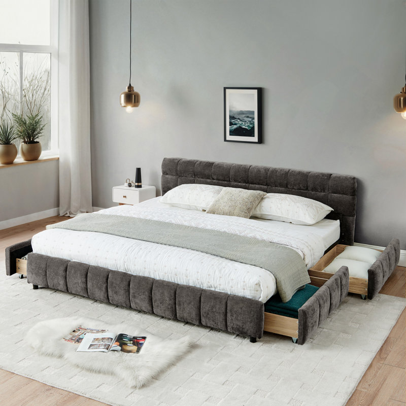 Lit tapissier, base de lit tapissier confortable, tissu chenille, avec tête de lit et base de lit solide. Avec tiroir pour le rangement (90,5 po x 80,5 po x 31 po)