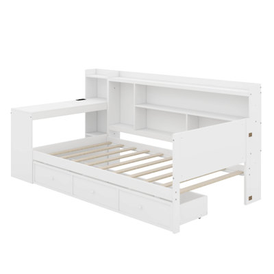 Twin Size Wooden Daybed with 3 Drawers, USB Ports & Desk, White — Space-Saving Bed for Bedroom or Guest Room