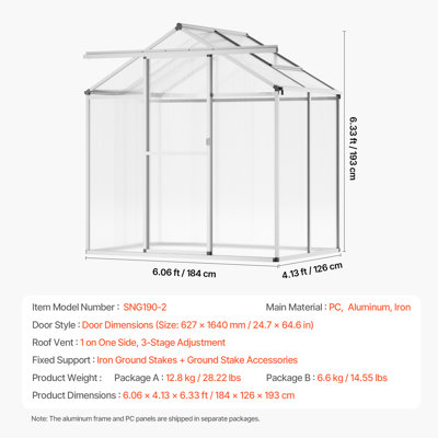 Serre en polycarbonate, 1,8 x 1,2 m, ensemble de grande serre en aluminium pour jardin, serre extérieure avec fenêtres d'aération réglables, serre de style pavillon avec porte coulissante