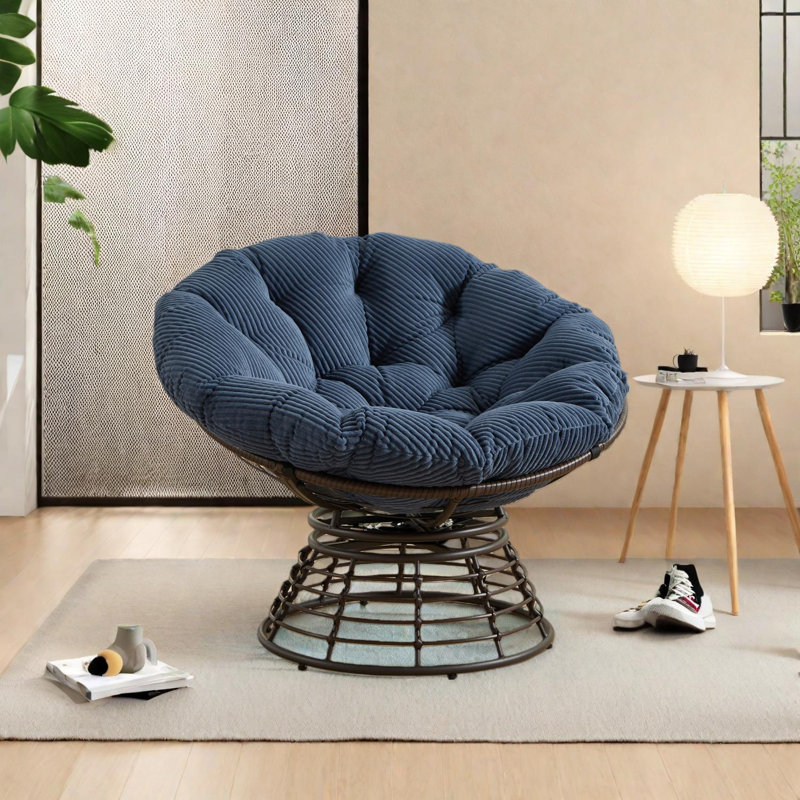 Comfortable Ergonomic Papasan Chair with 360° Swivel and Thick Cushion for Indoor/Outdoor Use, Navy