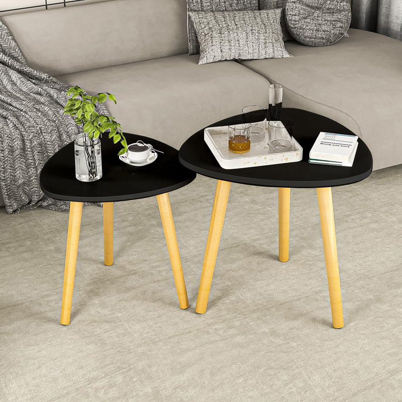 Modern Semi-Nesting Tables Triangle Side Table with Wooden Legs, Set of 2, Black