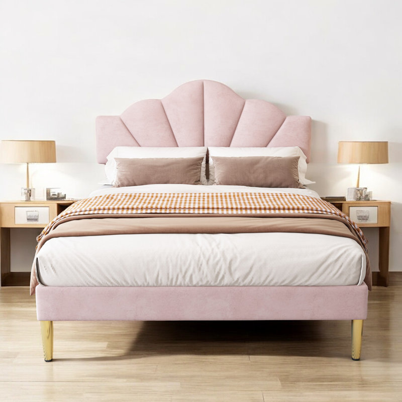 Aarna Velvet Upholstered Bed, Double (140 x 195 xm), Pink