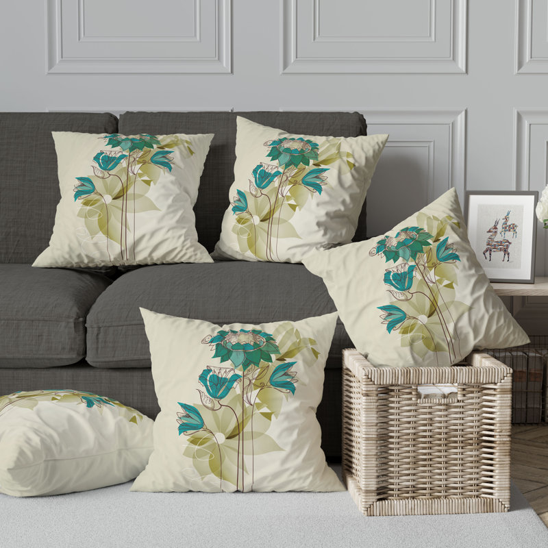 Coussin à motif floral avec housse amovible, Bleu / vert / beige, H 16 po x l 16 po